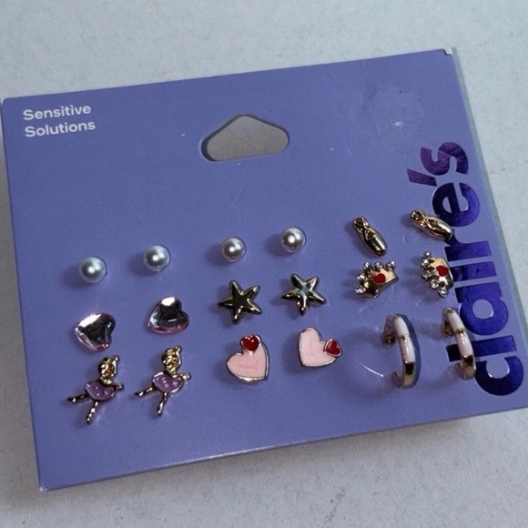 Claire’s 9 earring set NEW Sensitive Solutions Gold Pink Ballerina Ballet Crown - Picture 3 of 5